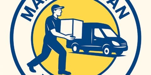 Man and Van Woking team helping with a small local move — professional van and mover illustration in blue and yellow