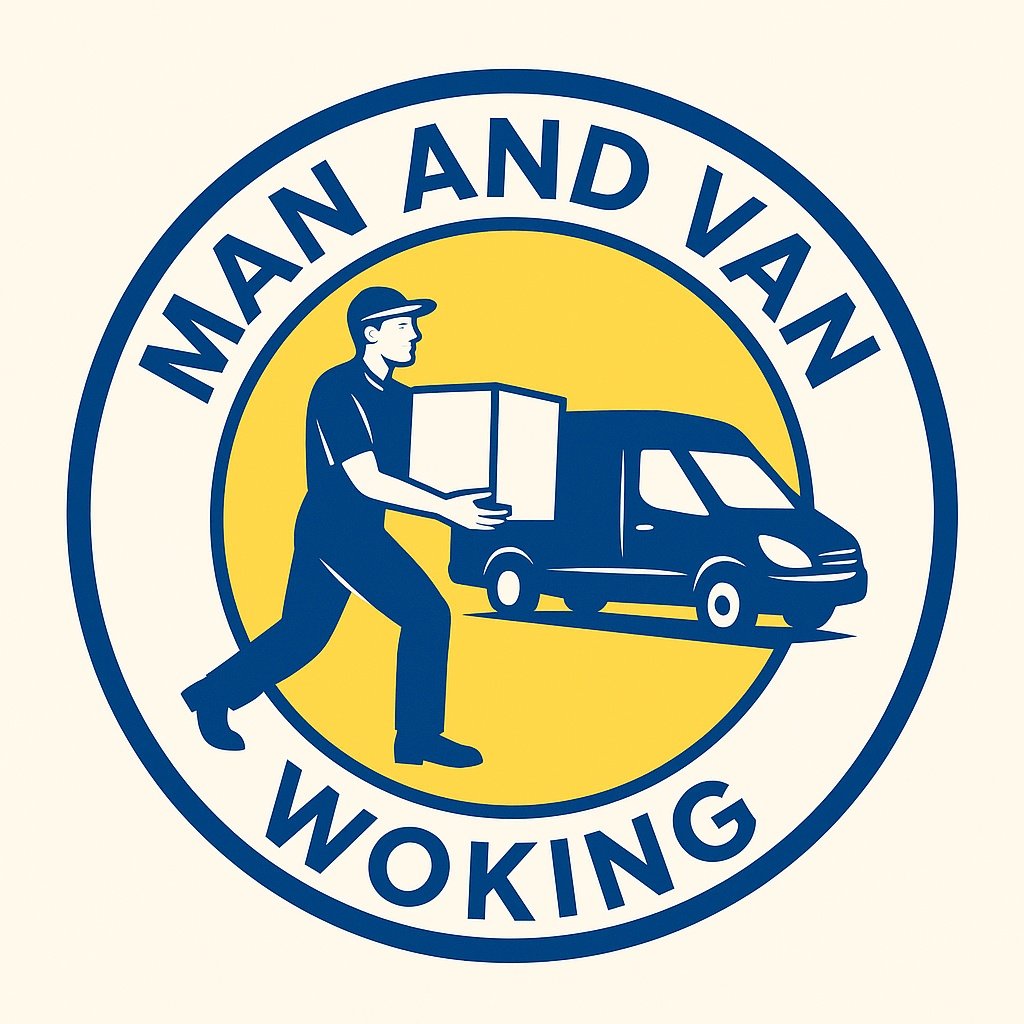 Man and Van Woking team helping with a small local move — professional van and mover illustration in blue and yellow
