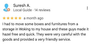 Google customer review for Man and Van Woking praising friendly and careful moving service