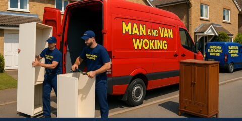 Man and Van Woking team moving a 3-piece wardrobe from Send to Knaphill, with disposal of an old 2-door wardrobe, rated 4.8 stars by 24 customers