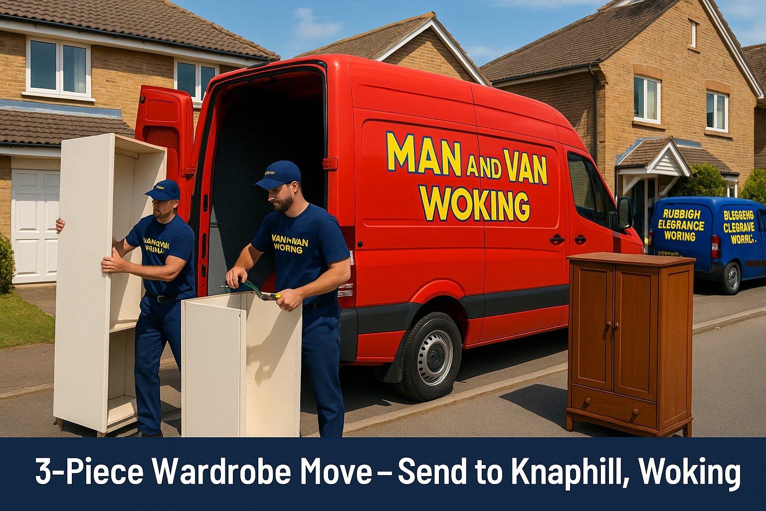 Man and Van Woking team moving a 3-piece wardrobe from Send to Knaphill, with disposal of an old 2-door wardrobe, rated 4.8 stars by 24 customers