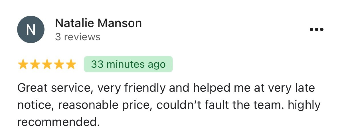 5-star review for Man and Van Woking praising fast, friendly service at late notice