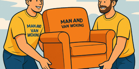 Illustrated image of two movers wearing Man and Van Woking yellow uniforms moving furniture, with ‘Removals Woking’ at the top and phone 07935 014011 displayed.