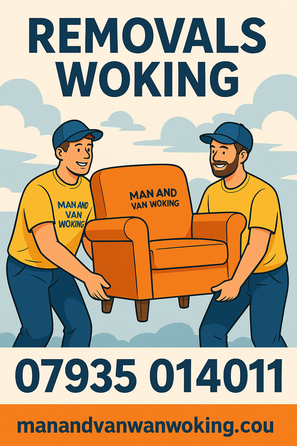 Illustrated image of two movers wearing Man and Van Woking yellow uniforms moving furniture, with ‘Removals Woking’ at the top and phone 07935 014011 displayed.