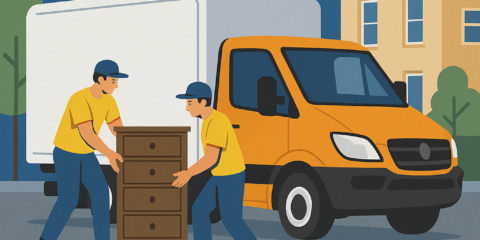 Illustration of a van to hire for moving house, with two movers in yellow uniforms loading furniture and the website manandvanwoking.co.uk displayed.